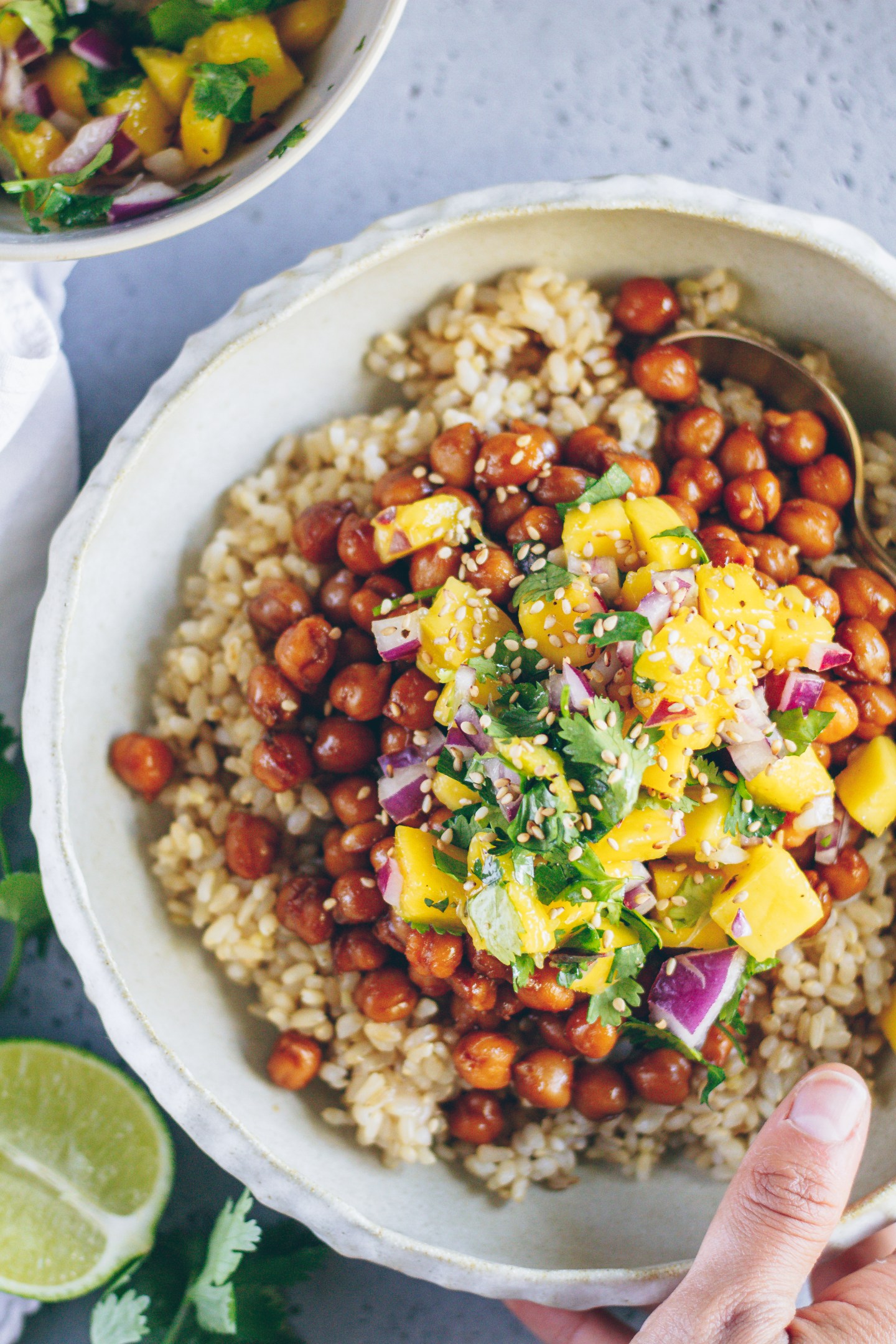 sweet and sour glazed chickpeas with mango salsa