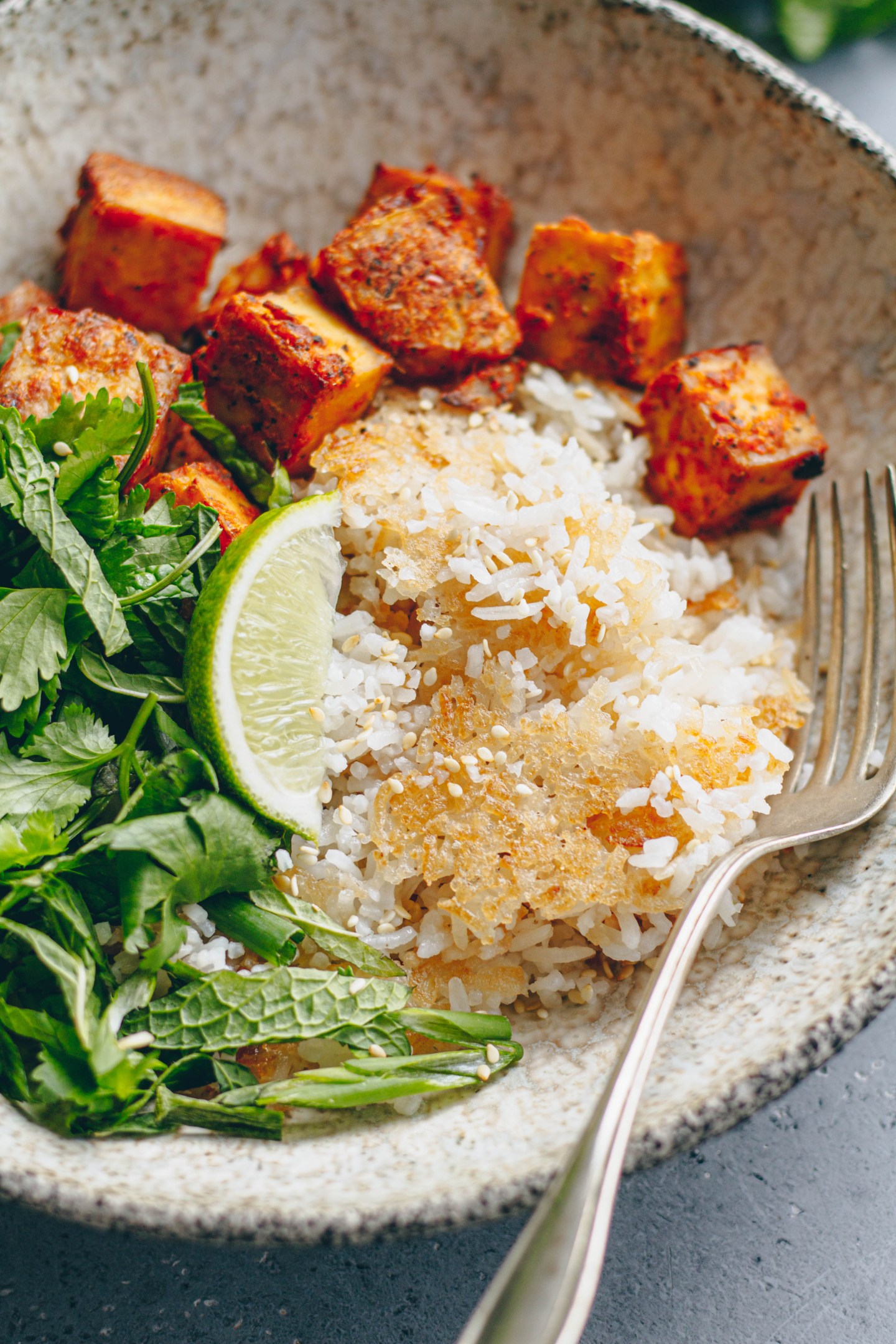 crispy coconut rice with curried tofu