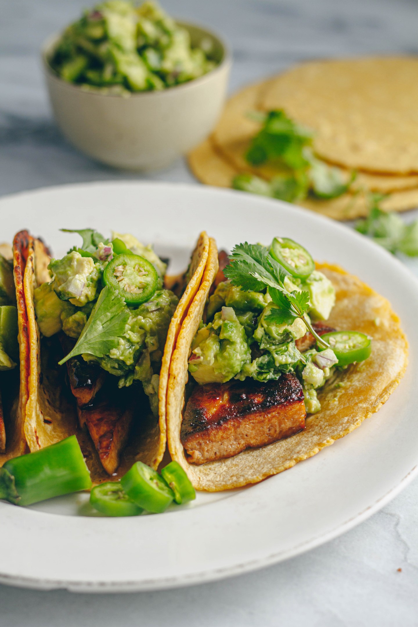 Ponzu-Glazed Tofu Tacos with Avocado Salsa