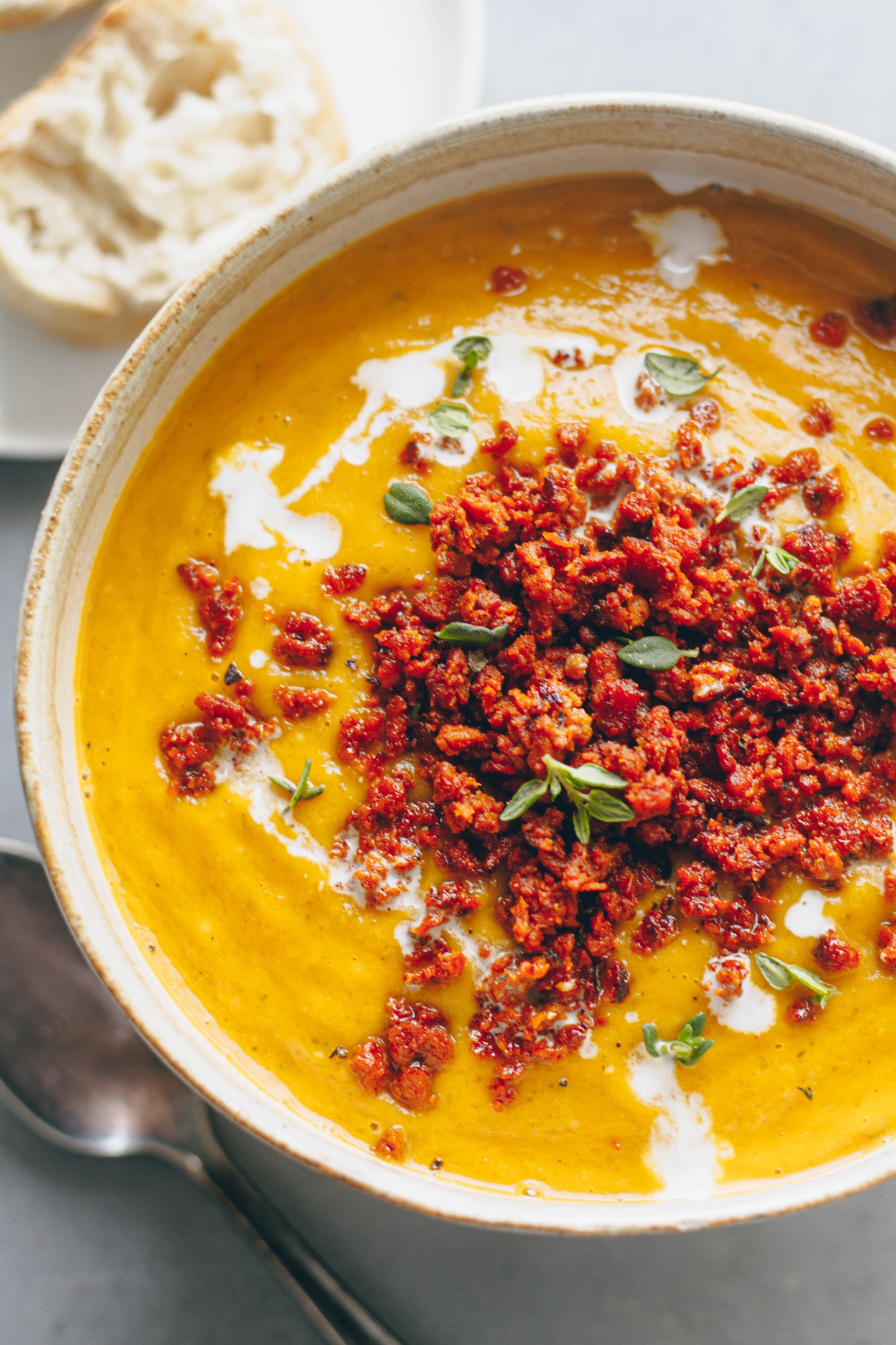 Vegan Butternut Squash Soup w/ Chorizo Crumble