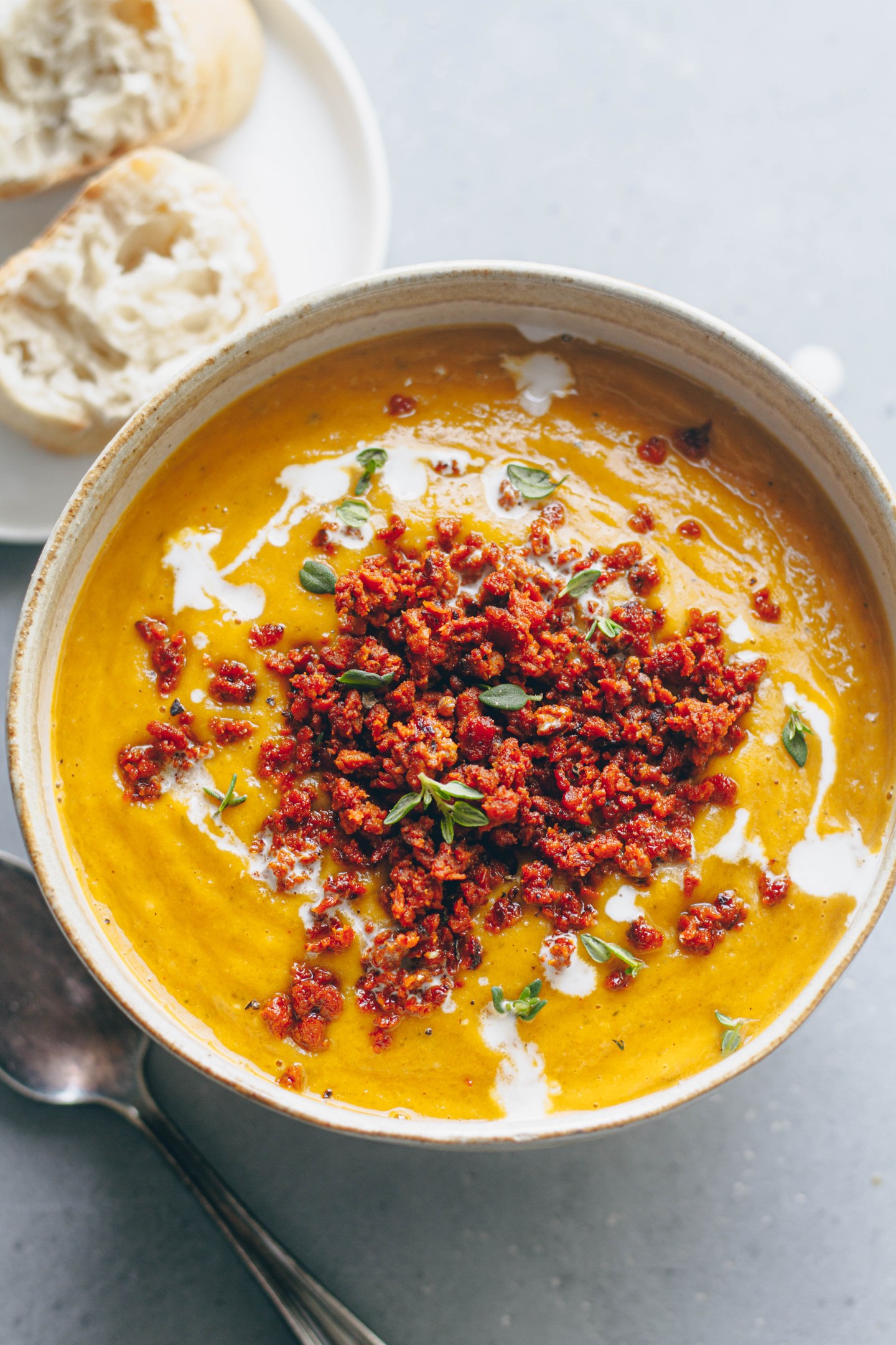 Vegan Butternut Squash Soup w/ Chorizo Crumble