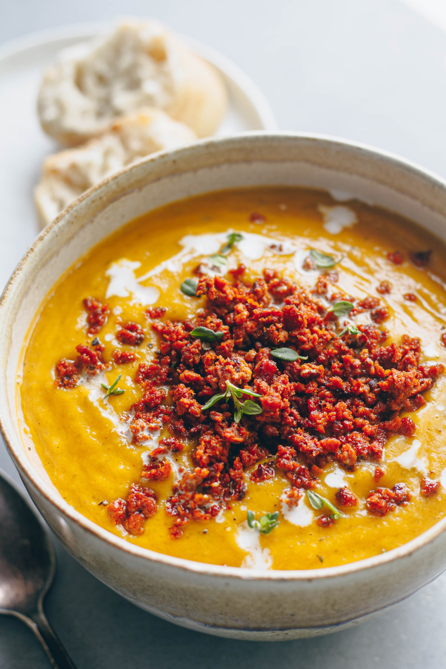 Vegan Butternut Squash Soup w/ Chorizo Crumble