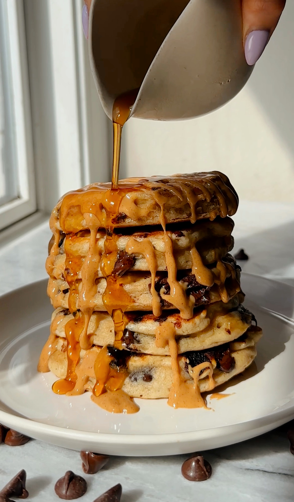 Chocolate Chip Peanut Butter Protein Pancakes 