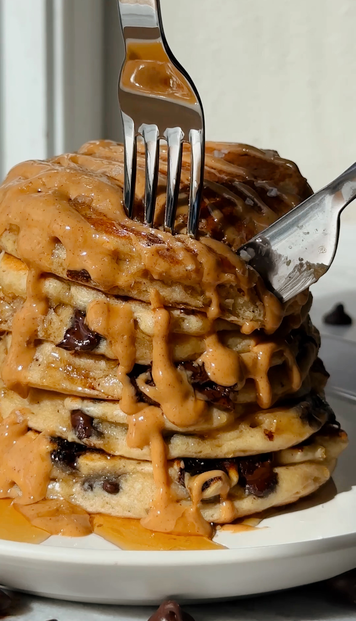 Chocolate Chip Peanut Butter Protein Pancakes 