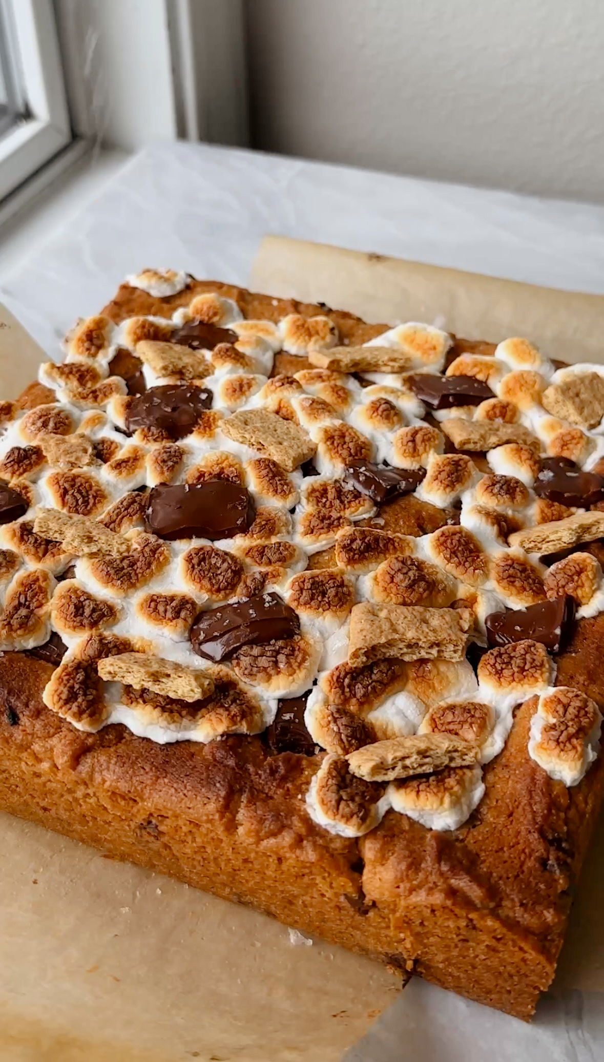 Chewy and rich cookie bars with dark chocolate, peanut butter, and toasted marshmallows.