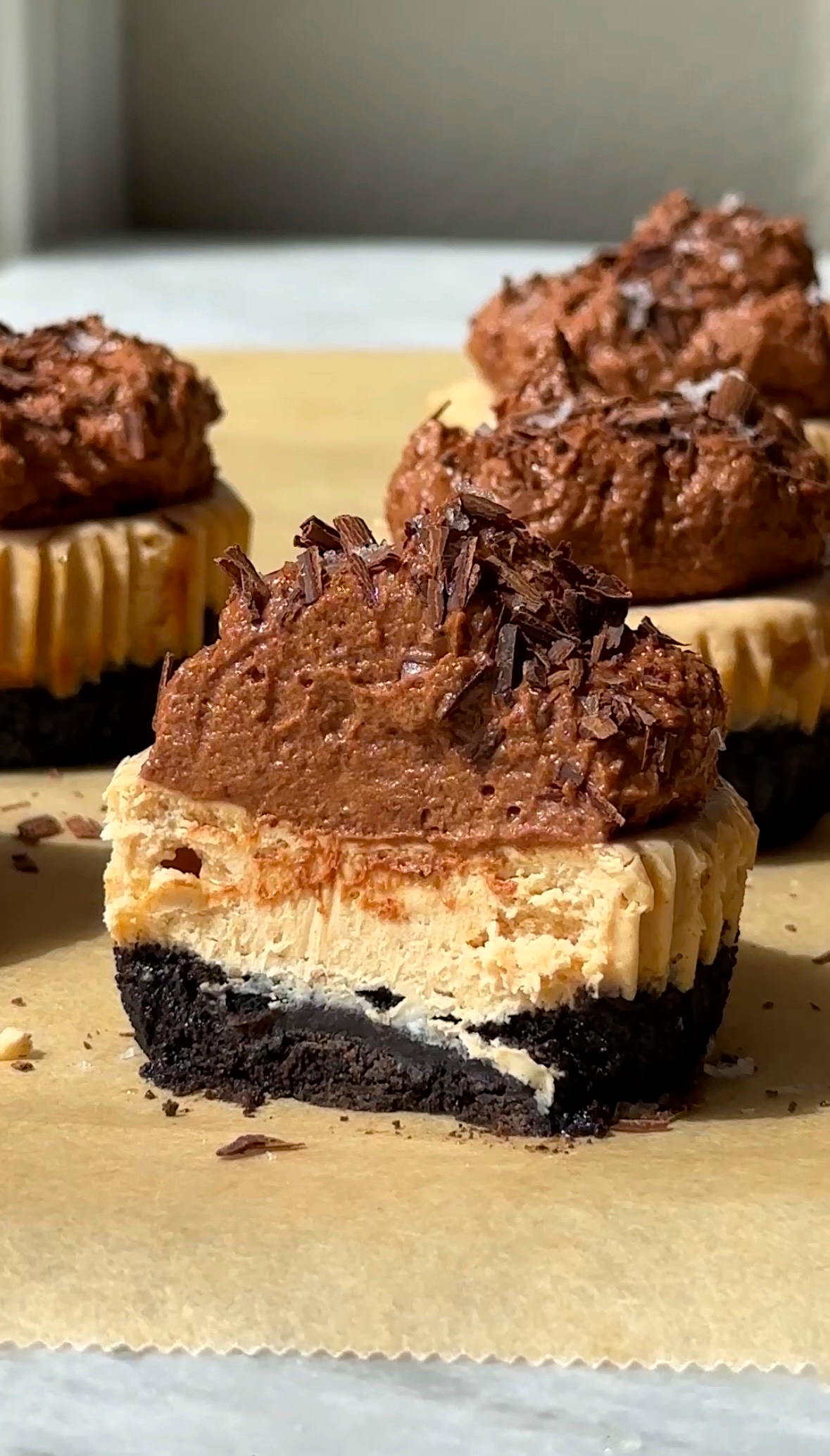 Mini Peanut Butter Chocolate Mousse Cheesecakes